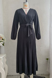 Elegant Solid Frenulum Fold V Neck Pleated Dresses