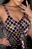 Sexy Patchwork Hollowed Out See-through Backless V Neck Tops