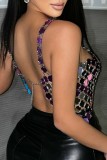 Sexy Patchwork Hollowed Out See-through Backless V Neck Tops