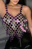 Sexy Patchwork Hollowed Out See-through Backless V Neck Tops