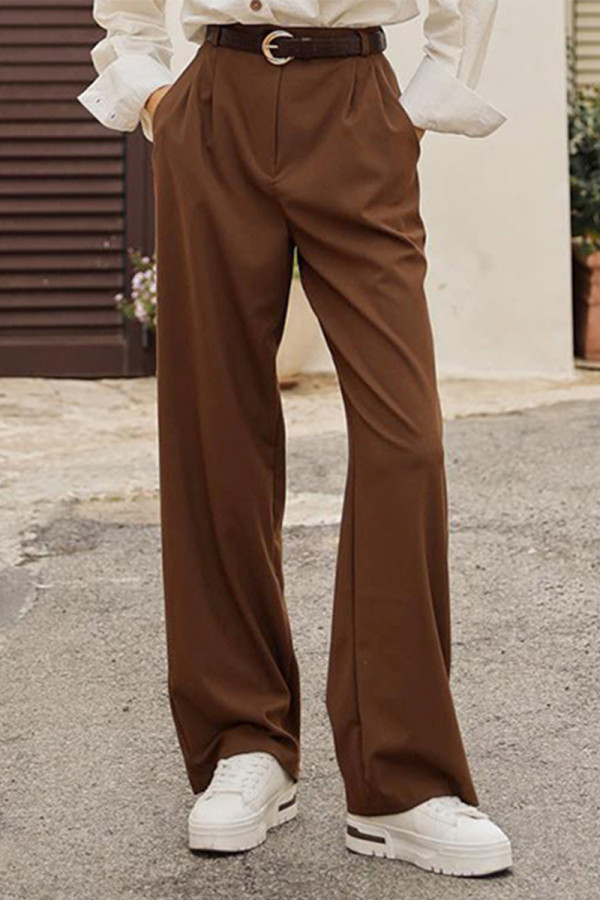 Elegant Simplicity Solid Buttons Without Belt Straight High Waist Straight Patchwork Bottoms