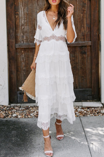 Elegant Solid Lace V Neck Cake Skirt Dresses