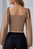Sexy Solid Draw String Fold Stringy Selvedge Square Collar Tops