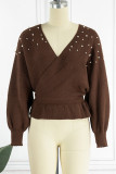 Work Solid Beading V Neck Tops