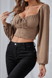 Sexy Solid Draw String Fold Stringy Selvedge Square Collar Tops