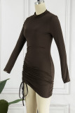 Sexy Solid Draw String Half A Turtleneck Wrapped Skirt Dresses