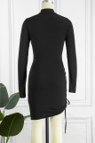 Sexy Solid Draw String Half A Turtleneck Wrapped Skirt Dresses