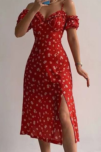 Sweet Elegant Print Asymmetrical Off the Shoulder A Line Dresses