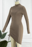 Sexy Solid Draw String Half A Turtleneck Wrapped Skirt Dresses