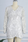 Sweet Elegant Solid Sequins Asymmetrical V Neck Wrapped Skirt Dresses