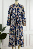 Floral Frenulum Buckle Turndown Collar One Step Skirt Dresses