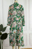 Floral Frenulum Buckle Turndown Collar One Step Skirt Dresses