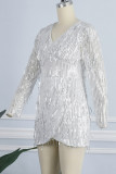 Sweet Elegant Solid Sequins Asymmetrical V Neck Wrapped Skirt Dresses