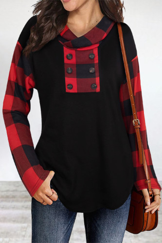 Elegant Plaid Patchwork Contrast Scarf Collar Tops