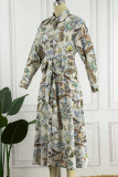 Floral Frenulum Buckle Turndown Collar One Step Skirt Dresses
