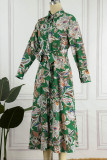 Floral Frenulum Buckle Turndown Collar One Step Skirt Dresses