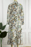 Floral Frenulum Buckle Turndown Collar One Step Skirt Dresses