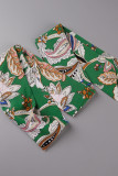 Floral Frenulum Buckle Turndown Collar One Step Skirt Dresses