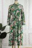 Floral Frenulum Buckle Turndown Collar One Step Skirt Dresses