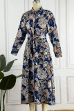 Floral Frenulum Buckle Turndown Collar One Step Skirt Dresses