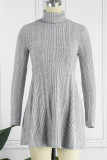 Simplicity Solid Flounce Turtleneck Pleated Dresses