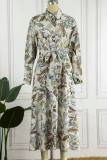 Floral Frenulum Buckle Turndown Collar One Step Skirt Dresses