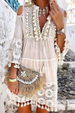Sweet Patchwork Embroidered Hollowed Out With Bow V Neck Irregular Dress Dresses