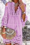 Sweet Patchwork Embroidered Hollowed Out With Bow V Neck Irregular Dress Dresses
