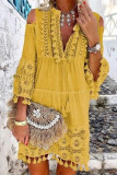 Sweet Patchwork Embroidered Hollowed Out With Bow V Neck Irregular Dress Dresses