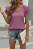 Casual Simplicity Solid Flounce Solid Color V Neck T-Shirts