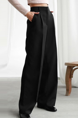 Work Street Solid Patchwork Pocket Loose High Waist Wide Leg Solid Color Bottoms