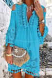 Sweet Patchwork Embroidered Hollowed Out With Bow V Neck Irregular Dress Dresses