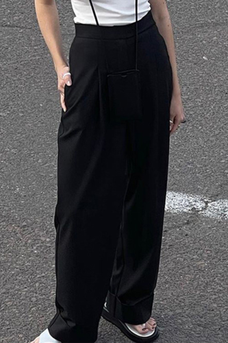 Elegant Solid Pocket Straight High Waist Wide Leg Solid Color Bottoms