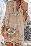 Sweet Patchwork Embroidered Hollowed Out With Bow V Neck Irregular Dress Dresses