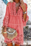 Sweet Patchwork Embroidered Hollowed Out With Bow V Neck Irregular Dress Dresses
