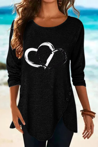 Simplicity Print Buttons Asymmetrical Printing O Neck T-Shirts