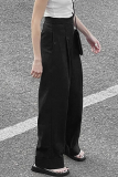 Elegant Solid Pocket Straight High Waist Wide Leg Solid Color Bottoms