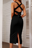 Elegant Solid Backless U Neck A Line Dresses
