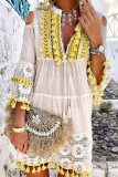 Sweet Patchwork Embroidered Hollowed Out With Bow V Neck Irregular Dress Dresses