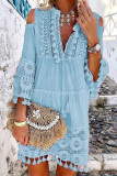 Sweet Patchwork Embroidered Hollowed Out With Bow V Neck Irregular Dress Dresses