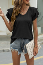 Casual Simplicity Solid Flounce Solid Color V Neck T-Shirts