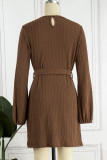 Solid With Belt O Neck One Step Skirt Dresses