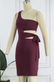 Sexy Solid Bandage Hollowed Out Oblique Collar Wrapped Skirt Dresses