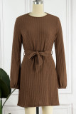 Solid With Belt O Neck One Step Skirt Dresses