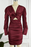 Solid Fold V Neck One Step Skirt Dresses