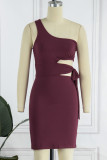 Sexy Solid Bandage Hollowed Out Oblique Collar Wrapped Skirt Dresses
