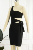 Sexy Solid Bandage Hollowed Out Oblique Collar Wrapped Skirt Dresses