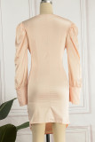 Solid Fold V Neck One Step Skirt Dresses