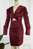 Solid Fold V Neck One Step Skirt Dresses