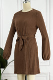 Solid With Belt O Neck One Step Skirt Dresses